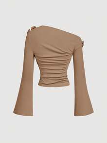 SHEIN MOD Apricot Asymmetric Neckline Ruched Elegant Women Long Sleeve T-Shirt