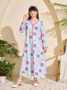 Girls' Floral Long-Sleeve Maxi Dress: Versatile For Casual Outings, Family Gatherings & Weekend Hangouts Soft Fabric, Flowy Fit, Vibrant Floral Print. Comfortable For Daily Wear, Birthday Parties Or Park Trips. Perfect For Big Kids Stylish, Breathable And Easy To Move In.