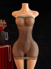 Sexy Fishnet Chemise With Leopard Print Details, "Chase The Night" Design For Alluring Nighttime Dates - Black - View 3