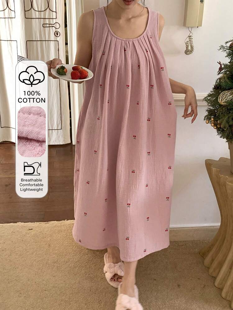 Cherry Print All-Over Textured Chiffon Fabric Sleeveless Loose Women Nightgown