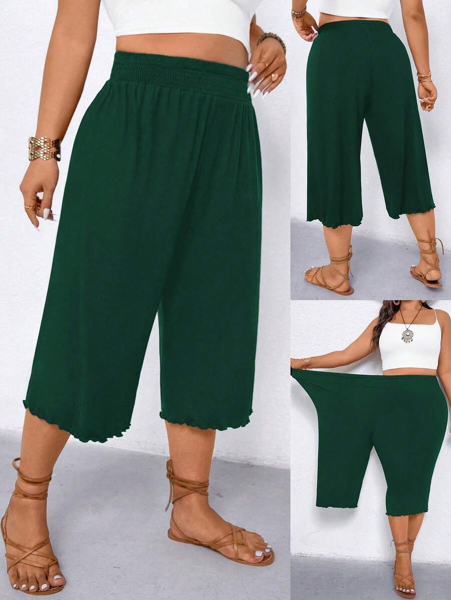 Linhara Plus Size Women Casual Ruffle Hem Wide Leg Capri Pants