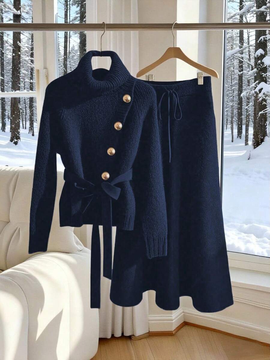 Franclia Elegant Metal Buckle Design Tie-Front Long Sleeve Turtleneck Sweater & A-Line Long Skirt 2-Piece Set, European Style - Royal Blue - View 1