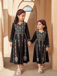 Abaya Style Dress For Young Girl: Black Base With Colorful Embroidered Geometric & Floral Retro Prints, Retro Patterns With Contrast Colors, Waist Belt Design, Suitable For Daily Wear And Festivals, Traditional & Elegant Arab/Middle Eastern Style Jalabiya/Abaya/Caftan Islamic Clothing Girls Kids Black Abaya Abaya Sets Girls Abayas For Kids - Black - View 8
