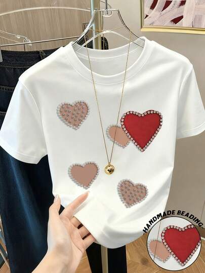 Resyla Women's Heart Pattern Beaded Rhinestone Decor Comfortable Round Neck T-Shirt