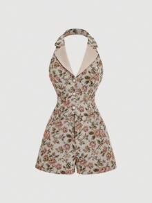 Skyraze Women's Beige Vintage Jacquard Halter Romper,Snap Front Summer Cottage Core Holiday Picnic Outfit,Retro Vacation Carnival Costume,Party Festival Wear - Apricot - View 3