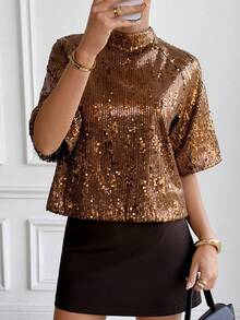 SHEIN Frenchy ملابس علوية أنيقة للنساء بلون أحادي مرقّع بالترتر والعقدة، ملابس علوية فرنسية رجعية بفيونكة من الترتر، أكمام فوانيس ذهبية بنية، ملابس نسائية فاخرة لامعة للحفلات، ملابس علوية مرصعة بالترتر، ملابس علوية لامعة، للصيف والعطلات والمناسبات الأنيقة، بلوزات للوصيفات، ملابس علوية للحفلات - بني - مشاهدة 3