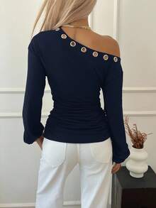 Siren Gaze 2025 New Arrival Minimalist Fall-Winter Women's Long Sleeve Off-Shoulder Top Metallic Eyelet Collar, Avant-Garde, Urban Cool Style, Statement Piece, Figure-Flattering, Party-Ready Eye-Catcher, Cutting-Edge Design, Fashion-Forward, Tops - Navy Blue - View 2