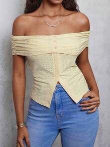 Eryvara Women's Slim Fit Jacquard Off-Shoulder Split Short Sleeve T-Shirt - Light Yellow - View 7