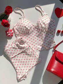 Comfortcana 2026 New Fashionable Women's Casual Heart Print Camisole Top & Shorts 2 Pieces Set, Summer Summer Women's Summer Sets Ummer Outfits For Women Spring Outfit Women  Clothes Valentine's Day Vacation Outfits Women - Red and White - View 1