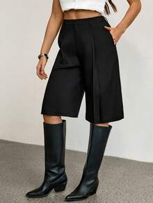 SHEIN Tall Casual Black Woven Fabric Bermuda Shorts For Women Zipper Detail Straight Leg Mid-Length - Black - View 6