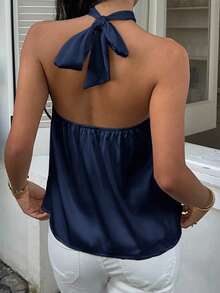 MainGRL Solid Color Casual Versatile Backless Satin Halter Neck Blouse For Women - Navy Blue - View 2