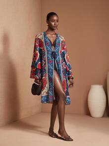 JIAN LASALA All-Over Print Open Front Layered Long Sleeve Ruffled Transparent Chiffon Women Kimono Resort Wear Lantern Sleeve Kimono Paisley Print Kimono For Women Beach Wedding Guest - Multicolor - View 1