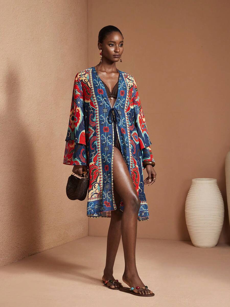 JIAN LASALA All-Over Print Open Front Layered Long Sleeve Ruffled Transparent Chiffon Women Kimono Resort Wear Lantern Sleeve Kimono Paisley Print Kimono For Women Beach Wedding Guest - Multicolor - View 1