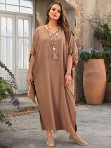 EMERY ROSE Plus Size Women's Casual Solid Color V-Neck Loose Dress, Summer,Vacation/Summer/Spring - Brown - View 4