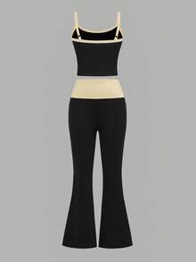 SHEIN EZwear Summer New Design Color Block Tie Strap Camisole And Long Pants Set, Suitable For Spring/Summer - Apricot - View 3