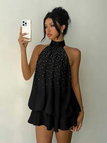 Aloruh 休闲复古优雅性感百搭鸡尾酒会连衣裙，仿水钻印花图案，黑色露背吊带无袖迷你连衣裙，舒适保暖，适合秋冬季节穿着。 - 彩色 - 查看 6