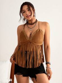 SHEIN VCAY Áo camisole cỡ lớn màu nâu cổ điển tua rua, chất liệu da lộn kết hợp ren móc, kiểu dáng lễ hội âm nhạc Bohemian, áo croptop hở lưng độc đáo cho đầu xuân/hè. - màu nâu - Xem 7