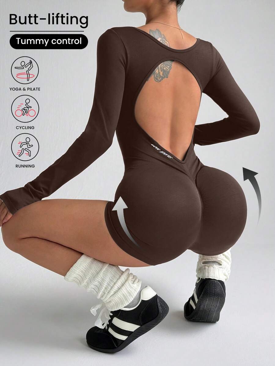 Slayform Bộ jumpsuit thể thao thời trang nữ, thiết kế chéo, hở lưng, ôm sát cơ thể, trang phục sân bay, bộ jumpsuit ôm sát toàn thân, trang phục tập gym cho nữ. - Cà phê nâu - Xem 1
