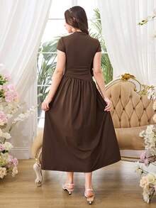 Teen GirlKnitted Round Neck Ruched Sleeve Asymmetric Waist Elastic Ruched Hem Casual Dress, Suitable For Outings, Home, And Gatherings, Summer - Brown - View 2