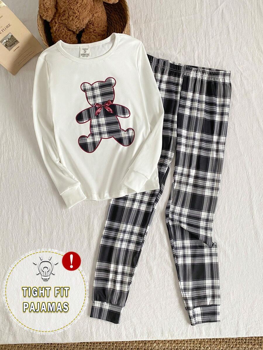 2 件套女士休闲可爱熊印花上衣和经典格子紧身裤家居服套装，舒适贴身 - 黑與白 - 查看 1