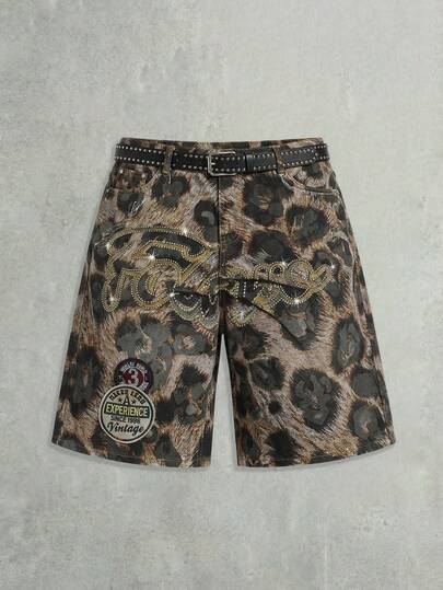 Grunge Punk Pantaloncini di jeans casual da donna taglie forti con stampa leopardata e applicazioni di strass con tasche