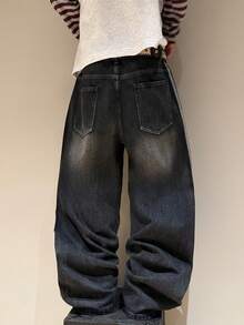 STEELVANCE Quần jeans nam dáng rộng ống suông, họa tiết sọc râu mèo cổ điển, phong cách đường phố. - màu đen - Xem 4