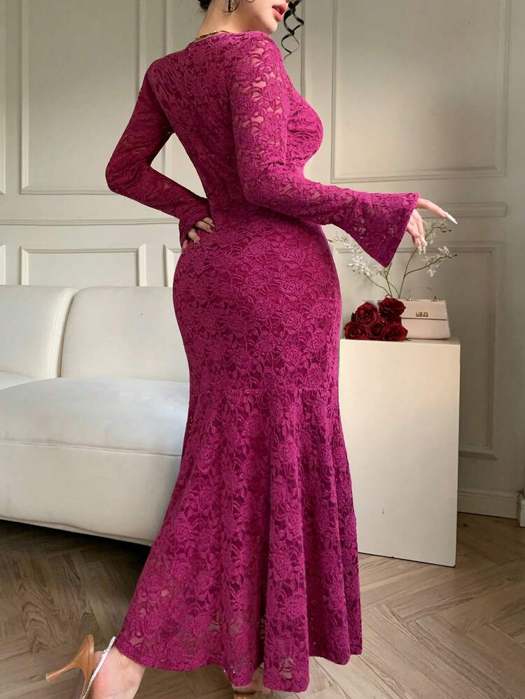 V-Neck Sexy Long Sleeve Flare Sleeve Elegant Party Dress, High Waist Slimming Lace Dress Sundress