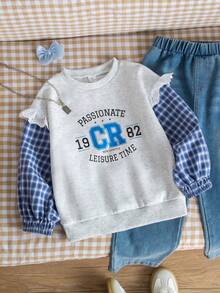 SHEIN Genkimix Kids 1pc Toddler Girls Blue & White Gingham Patchwork Lace Trim Light Grey Loose Fit Sweatshirt, Letter Print Girls Sweatshirt - Multicolor - View 1