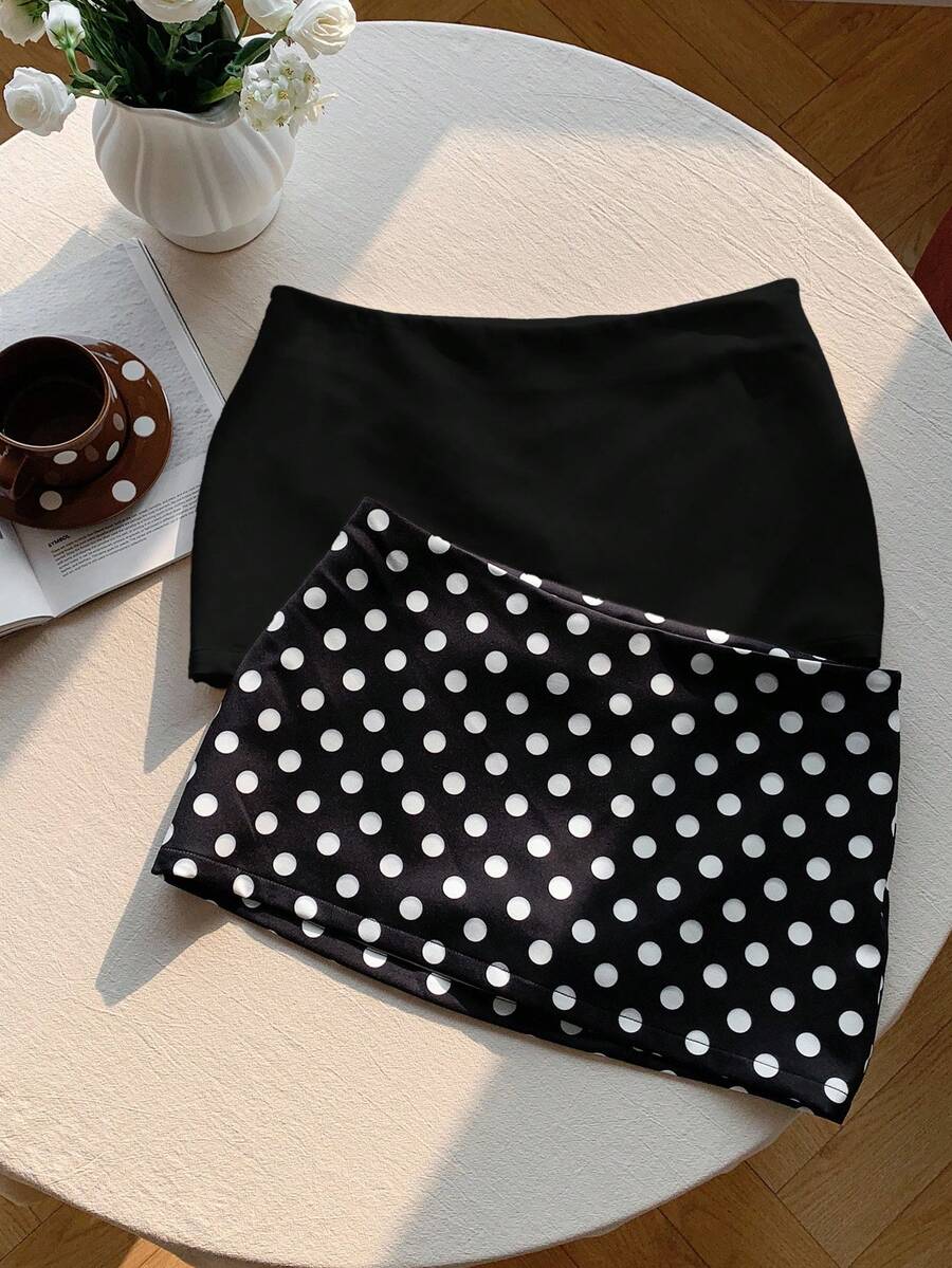 Comfortcana 两件套女士波点纯色半身裙套装 - 黑色 - 查看 1