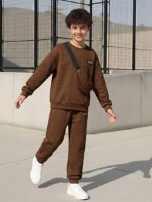 SHEIN Vacaura 男童字母纹理面料卫衣和运动裤套装 - 棕色 - 查看 2