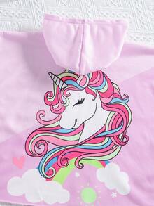 SHEIN 女婴可爱休闲粉色卡通图案连帽宽松泳衣罩衫