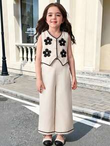 2件套少女时尚黑色3D立体花卉装饰珍珠纽扣吊带背心和阔腿裤套装，适合日常、通勤、休闲、夏季穿着。 - 杏色 - 查看 1