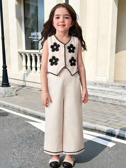 2 st/set för unga flickor, moderiktigt svart 3D-blommigt linne med pärlknappar och vida byxor, lämplig för vardag, pendling, vardag, sommar