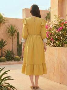 Teen GirlFestive Middle Eastern Satin Patchwork Embroidered Pattern Princess Puff Sleeve Princess Dress - Yellow - View 8