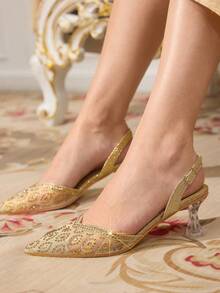 CUCCOO TILAWA Women's Pointed Toe Rhinestone Buckle Design Fashionable Glamorous High Heel Sandals Valentine's Day - Gold - View 5