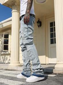 Manfinity EMRG Men's Light Blue Distressed Patch Horseshoe Slim Fit Flared Jeans Mens Ripped Jeans Streetwear Jeans - Light Wash - View 5