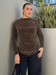 Nezia Cruz Plus Size Women's Stand Collar Long Sleeve Glitter Fitted Fashion T-Shirt Plus Size Sequin Top Long Sleeve Top Curvy Plus Size Winter Top Party Season Sparkly Top Party Metallic Clothes For Women Long Sleeve Mesh Top - Gold - View 1