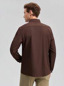 Officeau Men's Long Sleeve Formal Shirt, Solid Brown Color, Button Design, Suitable For Weddings, Office, Formal Occasions, Parties, Showcasing Gentlemanly Style, An Ideal Gift For Father Or Boyfriend. Also Available In Simple White And Black Shirts. Spring To Summer - Chocolate Brown - View 2