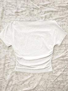 Attitoon Women's Casual Ruched Waist Off Shoulder Fitted Short Sleeve White T-Shirt With Floral Pattern, Suitable For Summer Spring - White - View 2