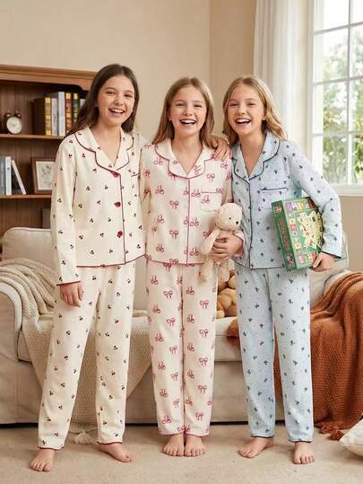 Sparklyn Sweet & Fresh School Girl Style Pajamas For Tween Girls, Light Blue Bow & Floral Print Long Sleeve Top And Pants 2-Piece Comfortable Loungewear Set