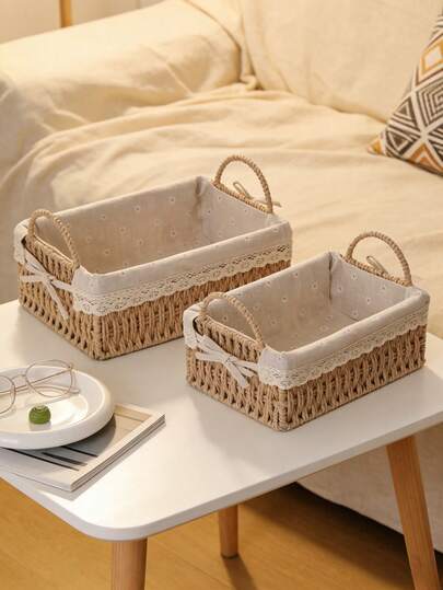 1 pieza/2 piezas Cesta de papel tejido con asa, cesta de almacenamiento de escritorio, organizador de escritorio, cesta decorativa con encaje dulce, caja de almacenamiento de maquillaje y control remoto, organizador de bocadillos y varios, cesta de almacenamiento de ropa y juguetes con asas, cesta tejida de mimbre, regalo de Halloween y Navidad, almacenamiento