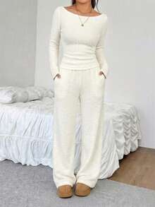 SHEIN EZwear Women's Solid Color Boat Neck Long Sleeve Top And Pants Casual 2 Pieces Set - Apricot - View 5