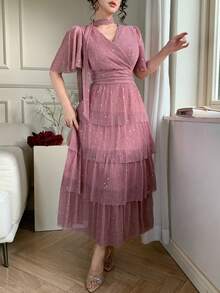 DAZY V领优雅收腰层叠时尚中长连衣裙 - 粉色 - 查看 5