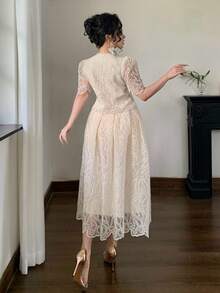 DAZY 2pcs/Set Women's Elegant French Lace Ruched Waist Slim Fit Maxi Dress - Apricot - View 2