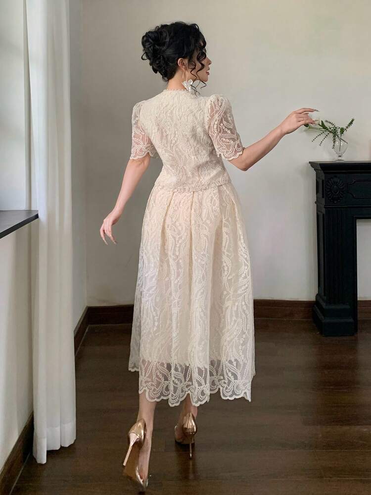 2pcs/Set Women's Elegant French Lace Ruched Waist Slim Fit Maxi Dress,Wedding Guest Dress Women