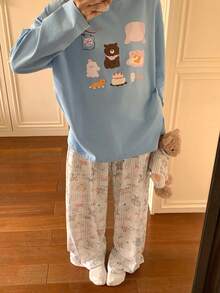 DAZY 2件套女士卡通熊图案宽松长袖T恤和裤子睡衣套装 - 藍色 - 查看 1
