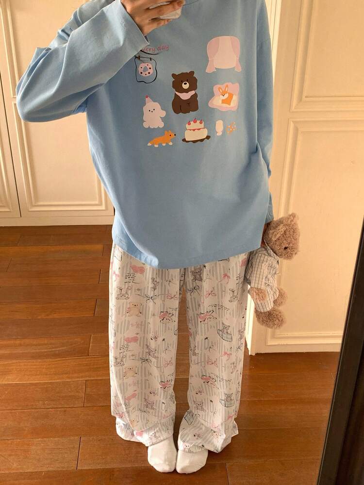 2pcs Women Cartoon Bear Pattern Loose Long Sleeve T-Shirt And Pants Pajama Set