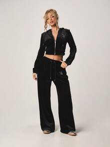 Missguided x Playboy Rhinestone Bunny Logo Zip Up Hooded Velour Tracksuit Jacket With Drawstring Hood For Casual Loungewear - Black - View 3