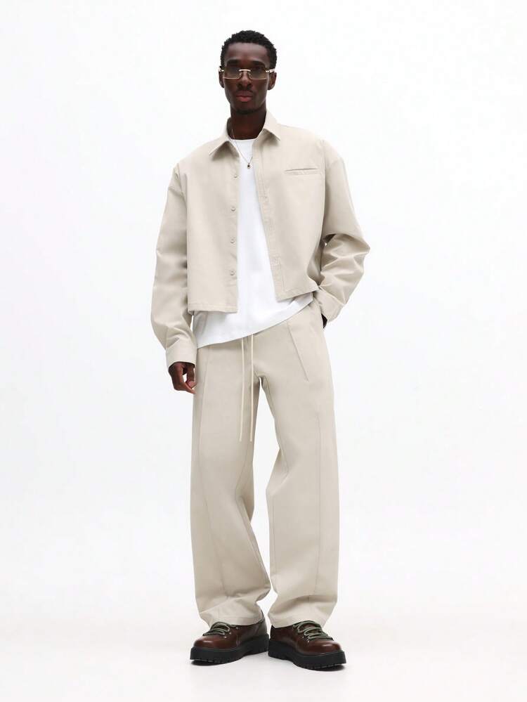 Beige Shirt And Wide Leg Pants Set