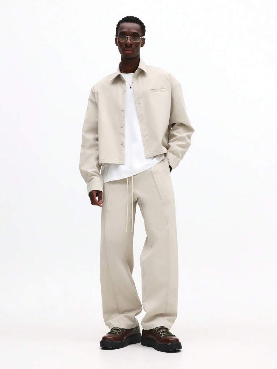 SUMWON 米色纽扣衬衫和阔腿裤套装，翻领长袖休闲两件套 - 卡其色 - 查看 1